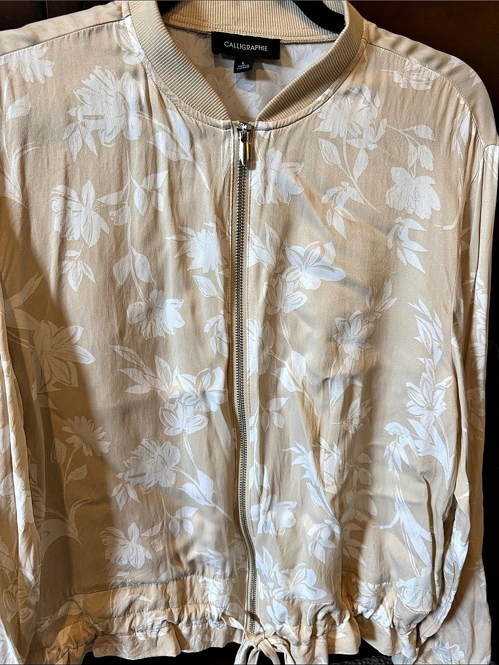 Calligraphy Floral Bomber Jacket in Beige & White Size Large
